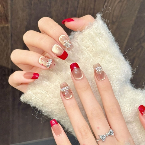 Unghie Finte Press-On Fatte A Mano Rosso Oro Occhio Di Gatto Strass Fiocco Di Neve Inverno Vacanze French Elegante Per Donna