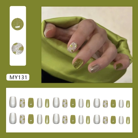Groene Kattenoog Press On Nagels Zilveren Glitter Glanzend Kort Vierkant Kunstnagels Voor Dames ABS Plastic Verwijderbaar