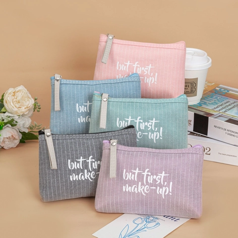 Borsa per Trucchi Portatile in Cotone e Lino Stile Lettera Inglese Stampata Cerniera Borsa da Toeletta da Viaggio