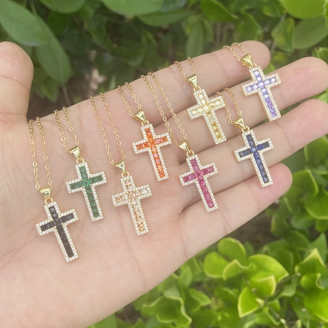 Collana Con Ciondolo A Croce Rame Micro Intarsio In Zirconia Pietra Quadrata Colorata Trendy Placcato Oro Per Donne