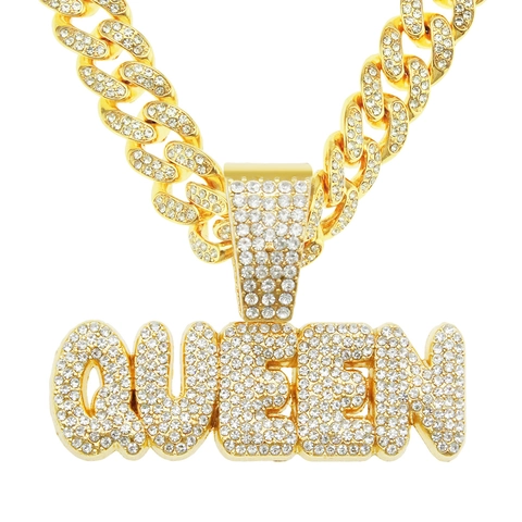 Collana Con Ciondolo Lettera Queen Iced Out Lega Strass Catena Cuban Link Hip Hop Punk Streetwear Gioielli Per Uomo Donna