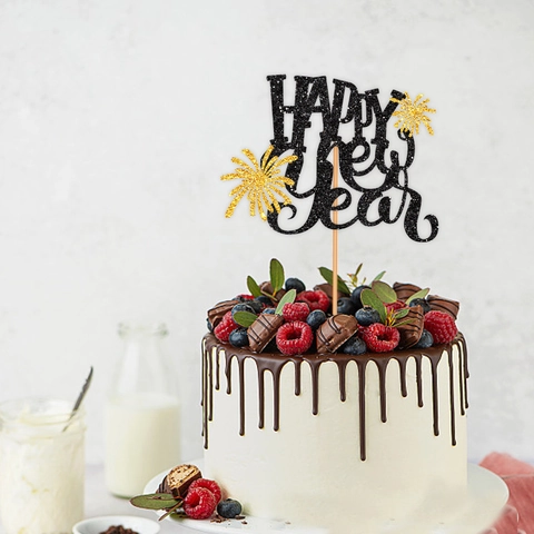 Happy New Year Cake Topper Glitter Paper Firework Design Party Decoration Supplies For Celebration Gold Black