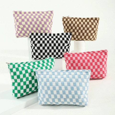 Checkerboard Knitted Makeup Bag Large Capacity Travel Wash Organizer Pouch Portable Handbag For Women