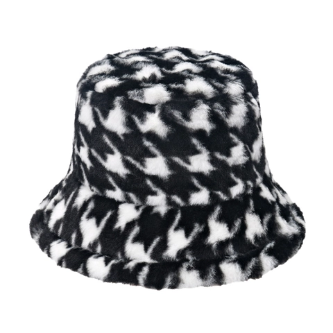 Houndstooth Bucket Hat Plush Faux Rabbit Fur Warm Winter Fisherman Cap Soft Windproof Outdoor Travel For Women Men