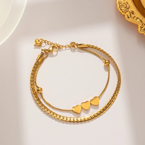 Bracelet Double Couche en Acier au Titane avec Pendentif Cœur pour Femme Chaîne Serpent Réglable Plaqué Or Bijoux Mode