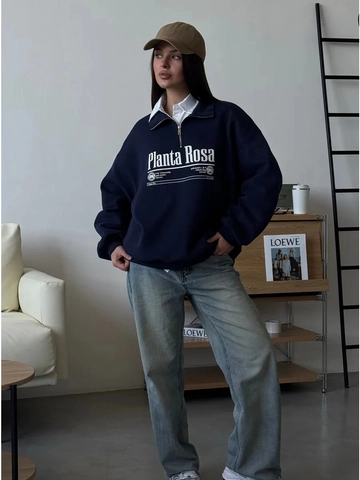 Sudadera Mujer Con Media Cremallera Algodón Solapa Manga Larga Estampado Letras Oversize Casual Streetwear Jersey Top