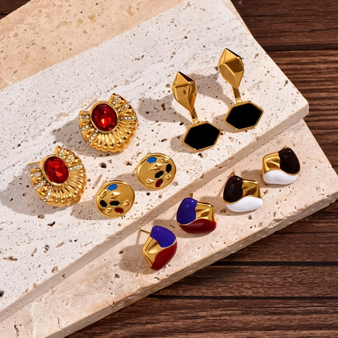 French Retro Stainless Steel Enamel Geometric Stud Earrings For Women Colorful Drip Oil Round Hexagon Earrings Fashion Jewelry Gift