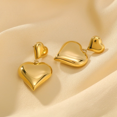 Orecchini Pendenti A Doppio Cuore Acciaio Inossidabile Placcato Oro 18K Lucidato Minimalista Per Donne