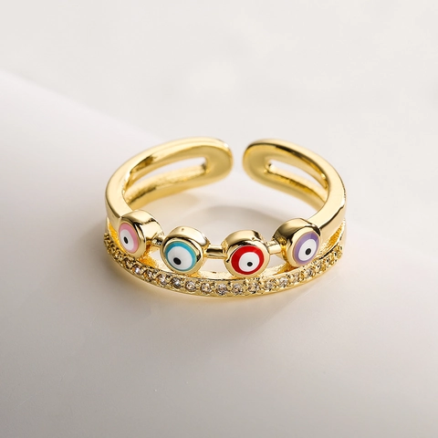 Double Layer Open Ring Gold Plated Copper Colorful Enamel Evil Eye Zirconia Trendy Fashion Jewelry For Women