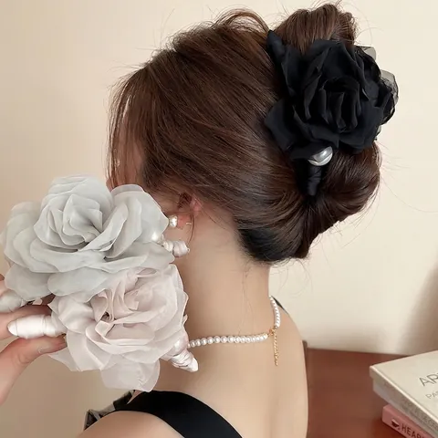 Large Mesh Rose Flower Hair Claw Clip Elegant Organza Fabric Floral Hairpin With Artificial Pearl Decor Headpiece For Women Girls