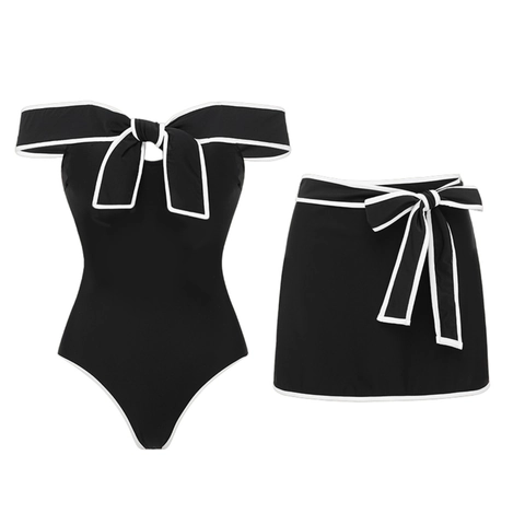 Costume Da Bagno Intero E Gonna Donna Fiocco Spalle Scoperte Scollo A V Bordatura A Contrasto Nylon Vintage