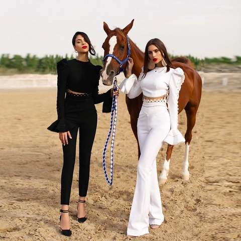 Tenue Bandage Dentelle Ajourée Haut Court Manches Cloches Et Pantalon Évasé Taille Haute Pour Femme Mode Style Urbain Élégant