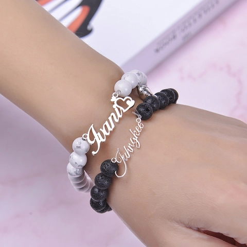 Magnetic Attraction Couple Bracelets Heart Charm Lava Stone White Turquoise Nameplate Adjustable Beaded Jewelry