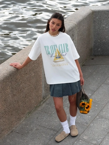 Camiseta Mujer Algodón Cuello Redondo Manga Corta Estampado Velero Travel Club Suelta Oversized Top Informal Verano Blanco