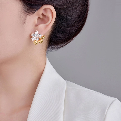 Contrast Flower Two-Way Stud Earrings With S925 Sterling Silver Post Gold Silver Plated Copper Floral Jewelry For Women