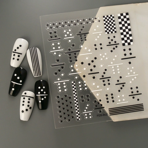Autocollants Ongles Relief Stéréoscopique Domino Damier Géométrique Points Lignes Noir Blanc Décor DIY Femmes