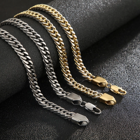 Men Stainless Steel Cuban Link Chain Double Weave Hip Hop Retro Streetwear Punk Jewelry Two Tone Gold Silver Oxidized