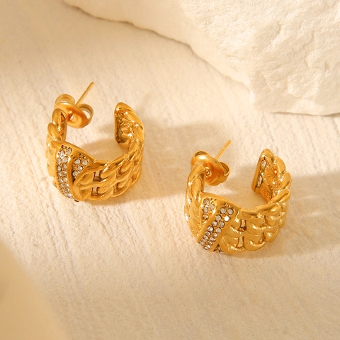 Pendientes De Aro Gruesos Acero Inoxidable Chapado En Oro 18K Eslabones Cadena Forma C Pavé Circonita Punk Hip Hop