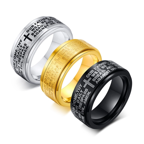 Anello Spinner Da Uomo Acciaio Inossidabile Incisione Padre Nostro Croce Religiosa Fascia Rotante Gioielli Moda