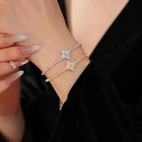 Adjustable Flower Bracelet Cubic Zirconia Copper Sparkly Luxury Elegant Hand Jewelry Gift For Women