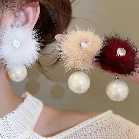 Autumn Winter Elegant Alloy Faux Fur Ball Drop Earrings With Imitation Artificial Pearl Rhinestone And Silver Earring Post Women