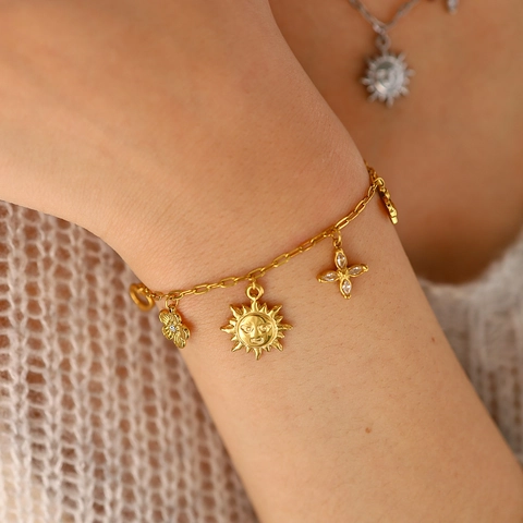 Set di Gioielli in Acciaio Inossidabile Girasole Cuore Strass Intarsiato Oro Argento Pendente Collana Bracciale Donna Accessorio Vintage