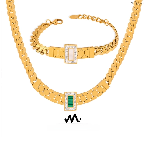Vintage Stainless Steel Square Pendant Necklace Bracelet Jewelry For Women Gold Silver Plated Rhinestone Artificial Pearl Accessory