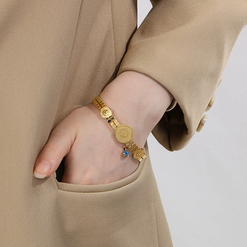 Bracelet Jonc Vintage en Acier Inoxydable pour Femme Plaqué Or Argent Breloque Evil Eye Motif Grec Bijoux de Mode