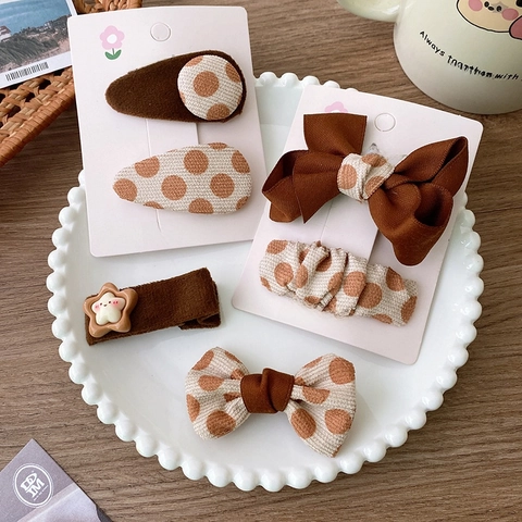 Koreaans Melkthee Bruin Haarspelden Set Strik Stippen Corduroy Satijn Haarklemmen Voor Meisjes Zoet Herfst Winter Haaraccessoires