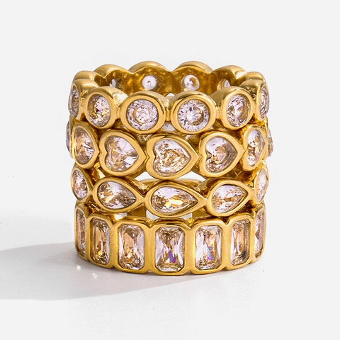 18K Gold Plated Stainless Steel Ring Cubic Zirconia Heart Rectangle Pear Round Stones Waterproof Hypoallergenic Fashion Jewelry Women