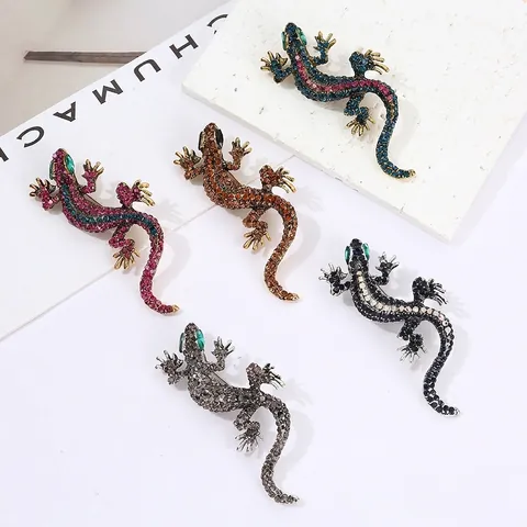 Vintage Gecko Hagedis Broche Retro Legering Kleurrijke Strass Emaille Dier Reversspeld Voor Dames Heren Kleding Decoratie