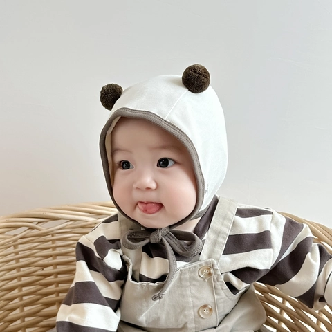 Baby Bonnet Soft Ribbed Cotton Pom Pom Ears Hat With Chin Strap Newborn Ear Protection Cap Breathable Cute Outdoor