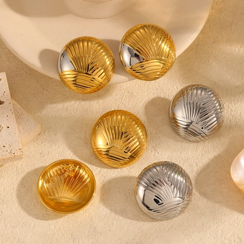 18K Gold Plated Stainless Steel Round Geometric Stud Earrings With Sunburst Ribbed Texture Retro Fashion Jewelry Women
