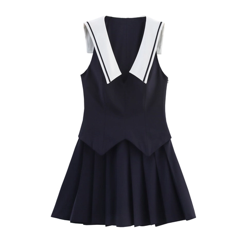 Sailor Collar Pleated Mini Dress Polyester Sleeveless High Waist Preppy Japanese School Style Contrast Color Women
