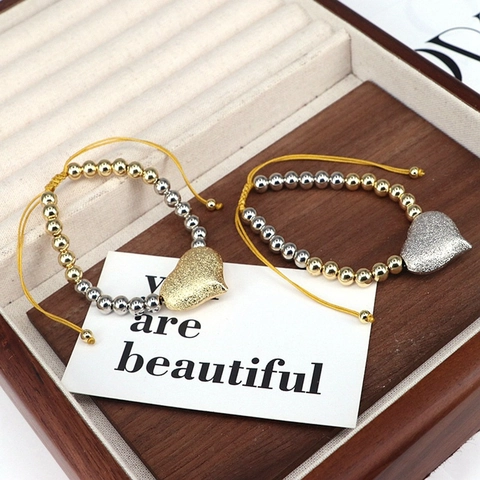 Minimalist Copper Beaded Bracelet Women Adjustable Drawstring Matte Heart Pendant Gold Silver Plated Fashion Jewelry Gift