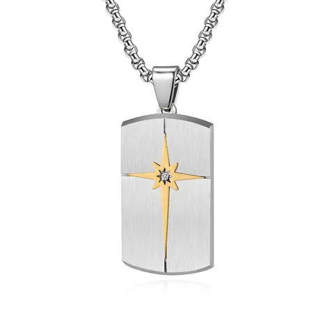 Collar Con Colgante Para Hombre Acero Inoxidable Cepillado Rectangular Estrella Oro Zircón Joyería Hip Hop