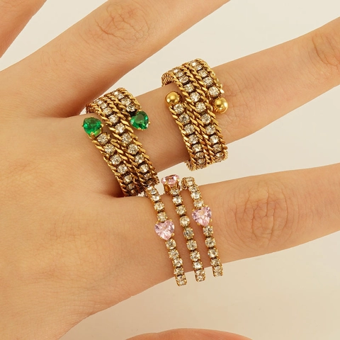 Roestvrijstalen Ring Voor Dames 18K Verguld Kleurrijke Zirkonia Hartvormige Meerlaagse Spiraal Geometrische Sieraden