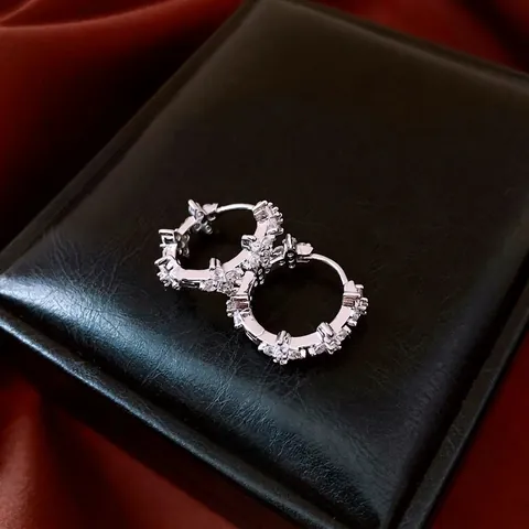 Copper Flower Hoop Earrings With Zircon Encrusted French Style Fashion Jewelry For Women Silver Color