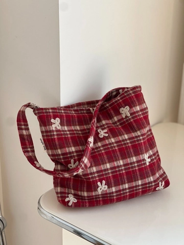 Rode Geruite Wollen Schoudertas Met Strikborduurwerk Vintage Onderarmtas Voor Dames Casual Grote Capaciteit Elegante Stijl
