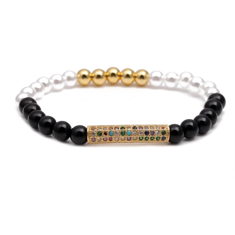 Pulsera De Cuentas Ojo De Tigre Piedras Mate Con Tubo Curvo De Circonita Colorida Elástica Joyería De Moda Minimalista