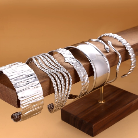 Bracciale Rigido In Acciaio Inossidabile Argento Donna Minimalista Texture Martellata Serpente Bangle Gioielli
