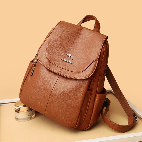 Women PU Leather Backpack Litchi Texture Anti-Theft Fashion Casual Flap Travel Bag Multi-Pocket Versatile Elegant Ladies