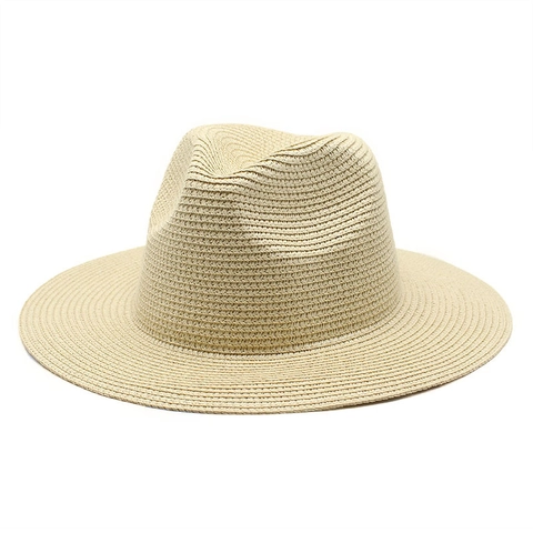 Women Solid Color Panama Straw Fedora Hat Summer Beach Sun Protection Breathable Wide Brim Jazz Cap Outdoor Travel Sun Hat