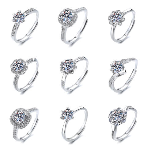 Geometric Moissanite Zircon Copper Ring For Women Adjustable Open Wedding Proposal Jewelry Silver Tone