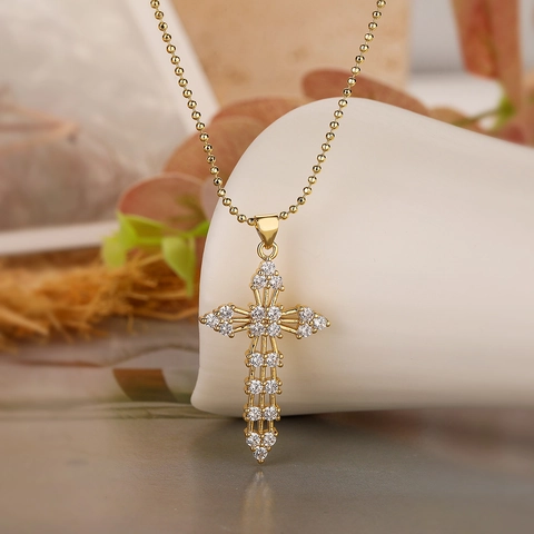 Retro Cross Pendant Necklace Copper Gold Plated With Zircons Niche Style For Women Jewelry Bead Chain