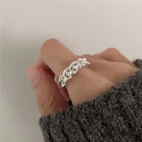 925 Sterling Silver Ring Braided Woven Handmade Geometric Minimalist Open Adjustable Jewelry For Women