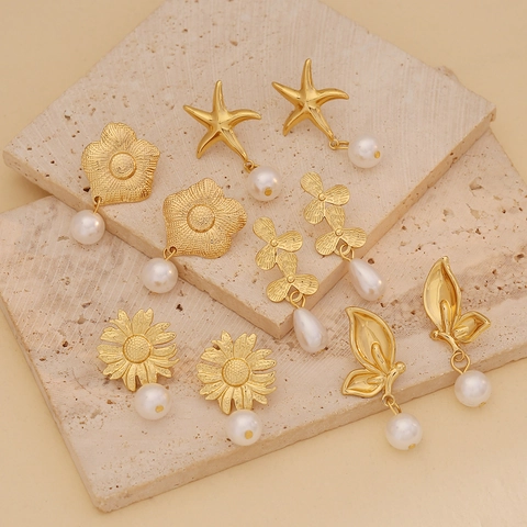 Stainless Steel Flower Butterfly Starfish Drop Earrings With Artificial Pearl Elegant Gold Plated Fashion Jewelry For Women