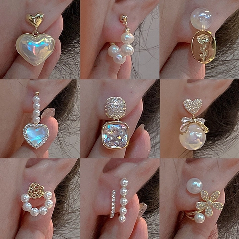 Artificial Pearl Earrings With 925 Sterling Silver Earring Post Elegant Gold Plated Bow Heart Geometric Jewelry For Women