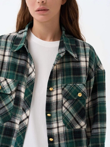 Veste Chemise À Carreaux Pour Femmes Manches Longues Mélange Polyester Coton Shacket À Boutons Dorés Et Poches Poitrine Décontracté