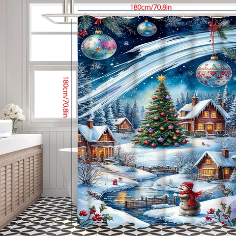 Weihnachts Duschvorhang Wasserdicht Polyester Gewebe Winter Schneeszene Dorf Druck Badezimmer Dekor Mit Kunststoff Haken